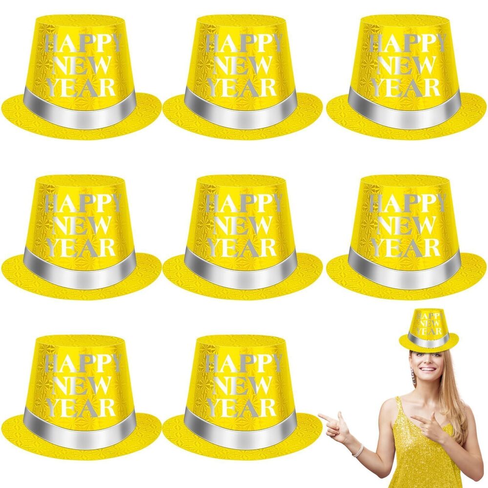 9177 8 Pcs Gold Paper Top Hats with Silver Glitter Lettering - New Years